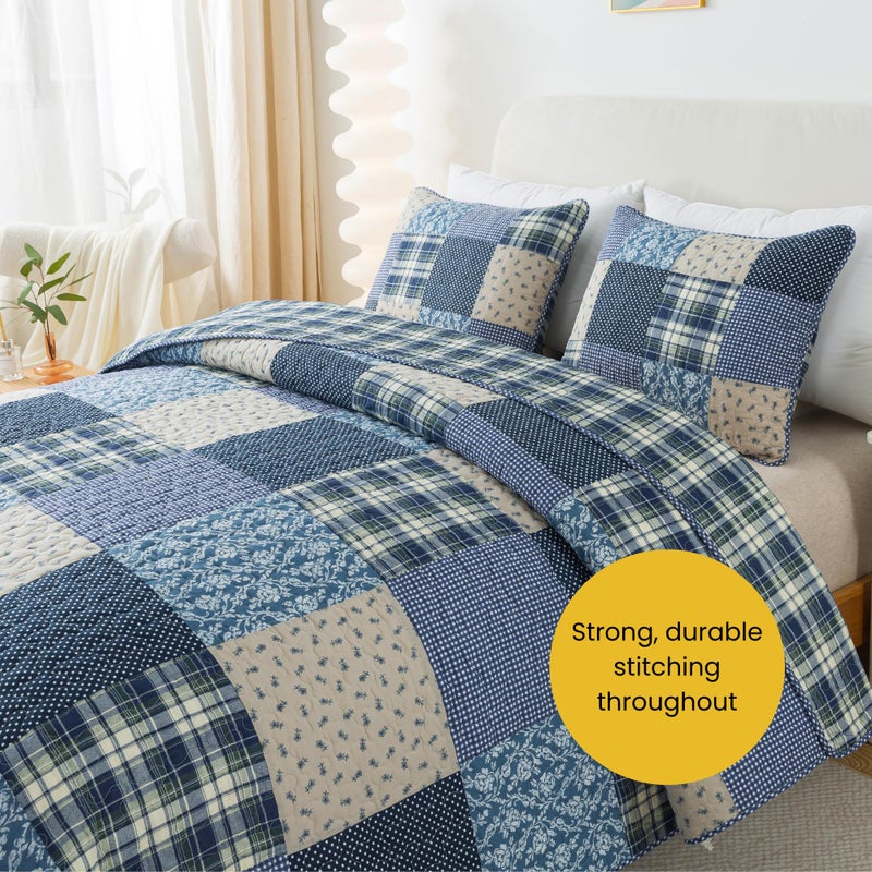 SLPR Blue Symphony Cotton Pieced Quilt Set - Twin with 1 Sham, Farmhouse Patchwork Quilted Bedspread with Check and Plaid Pattern, Lightweight and Cozy Country Checkered Bedding - Image 4